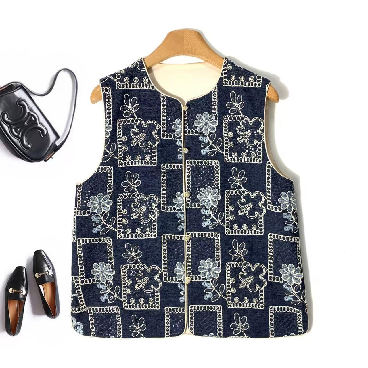 

Премиальный вышитый жилет с пайетками, ковбойский жилет, весенний жилет 2025 3XL (recommended 138-75kg) темно-синий