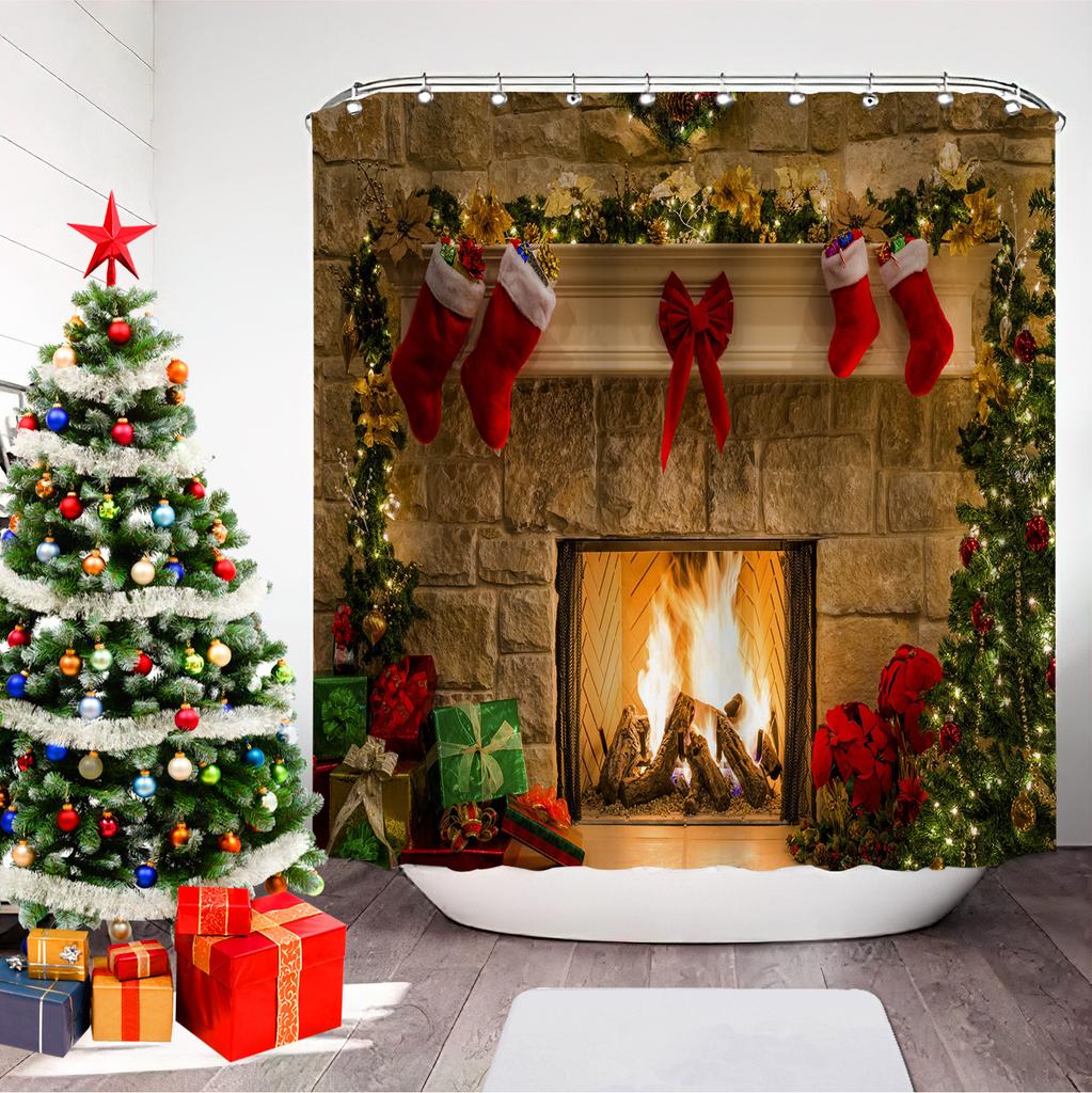 GAEChristmas Printed Bathroom Shower Curtain Snowman Santa Claus Waterproof Polyester Curtain Home Decoration Window Christmas