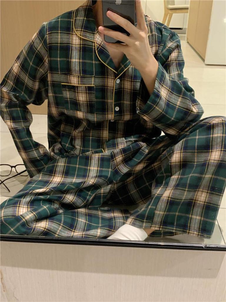 Korean-Inspired Autumn/Winter Plaid Pajama Set with Lace Trim for Couples