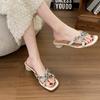 Fashion Elegant Rhinestone Cross Strap Square Head Sandals Women's Summer 2025 Fashion Breathable Cool Slippers Comfortable Beach Drags