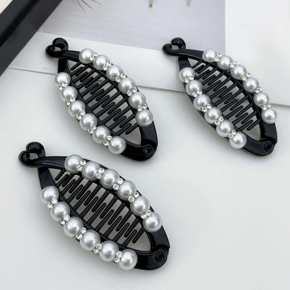 Korean Style Pearl Banana Clip Ponytail Holder Rhinestone Hair Clip Plastic Vertical Clip Women