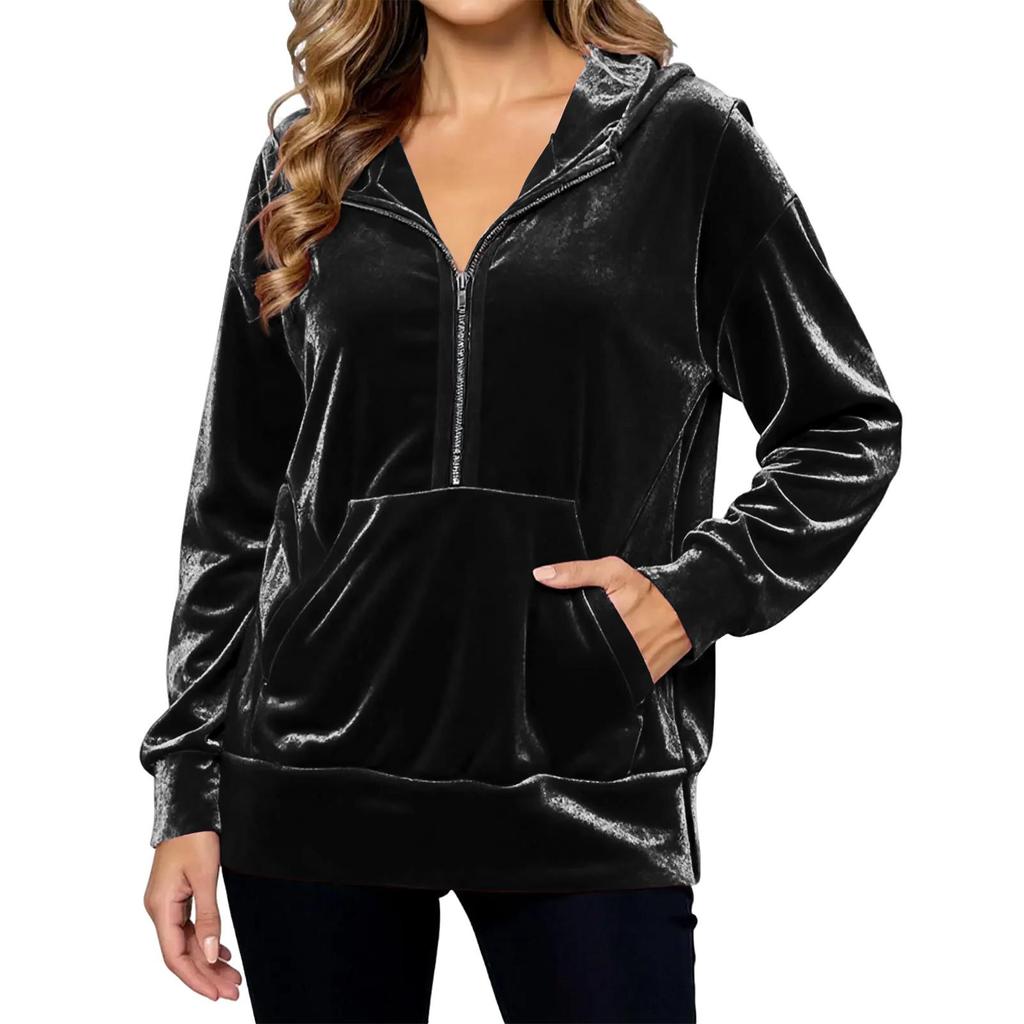 Damen Einfarbig Kapuzenpullover Locker Langärmlig Reißverschlusstasche Gold Samt Oberteil Sweatshirt