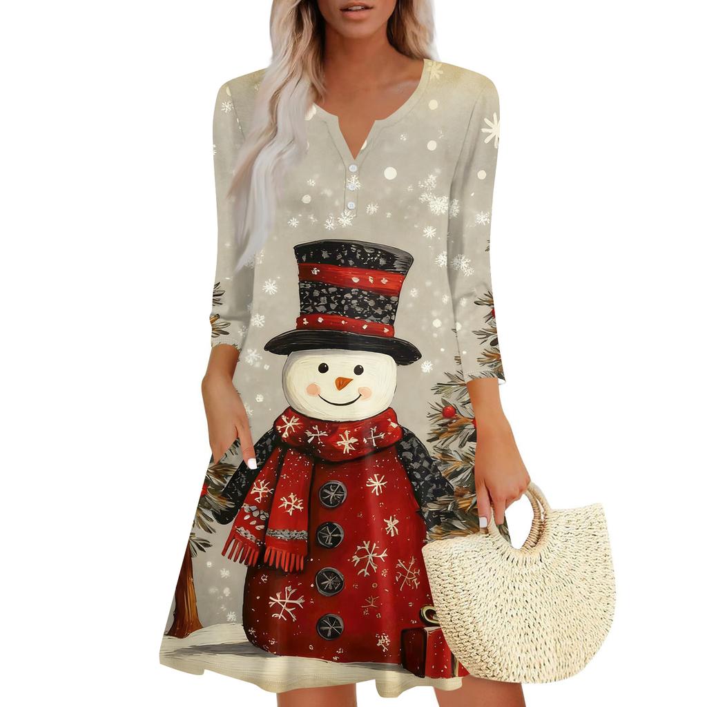 Women's Christmas Printed Fashionable V-neck Button Seven Part Cuff Pocket Dress
