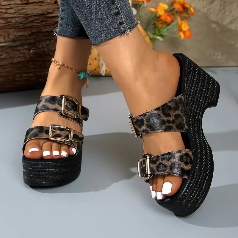 Women Leopard Print Wedges Slippers Summer New Sandals Designer Outdoor Beach Shoes Sexy Platform Slippers Women Slides Women