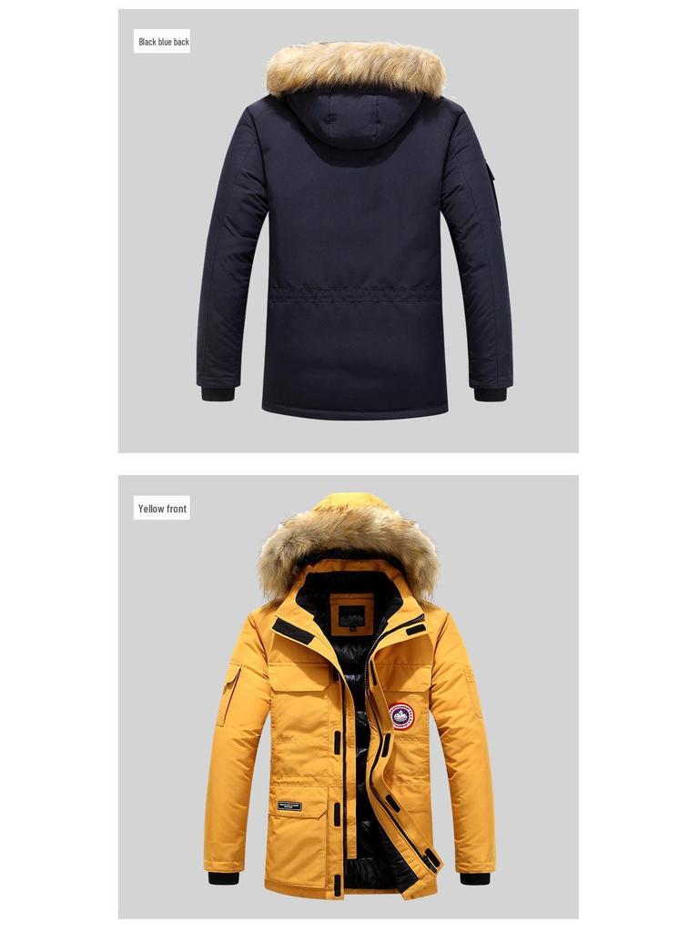 Men's Mid-Length Cotton Jacket with Fur Collar - Warm, Hooded, Windproof, Fashionable Outerwear