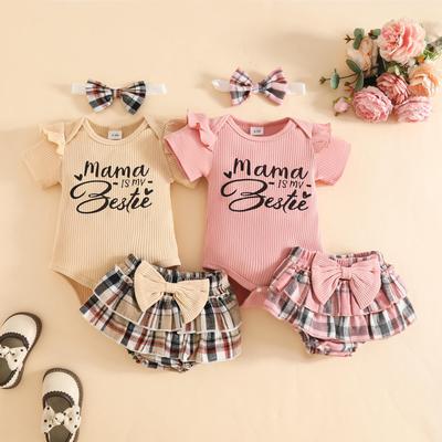 Summer Baby Girl Ribbed Top, Plaid Shorts & Headband Set - 'Mom Is My Best Friend'