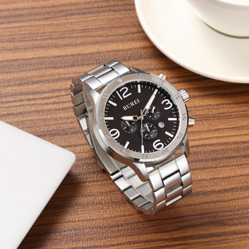 BUREI Analog Watch with Date Waterproof Quartz Black Simple Design for Business and Casual Chronograph with Large Luxury Gift for Men Men's Display,