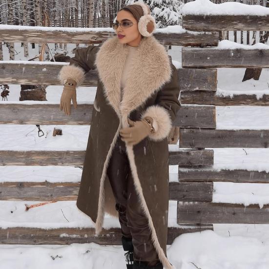 Faux Fur Long Trench Coat for Women Reversible Fuzzy Fleece Sherpa Lined Jackets Winter Furry Trimmed Casual Overcoat