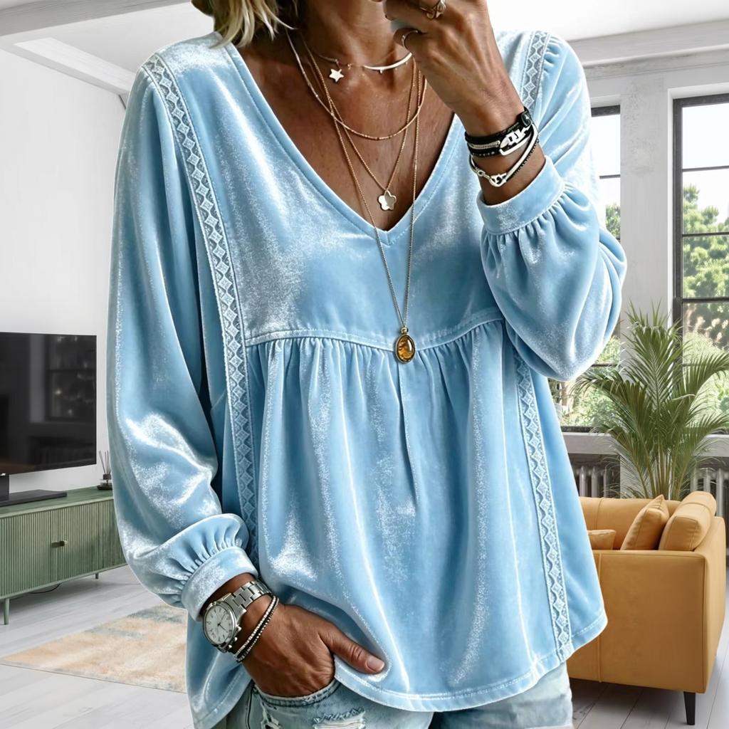Women's V-Neck Lace Long Sleeve Blouse - Color Loose Fit Top for Everyday Wear