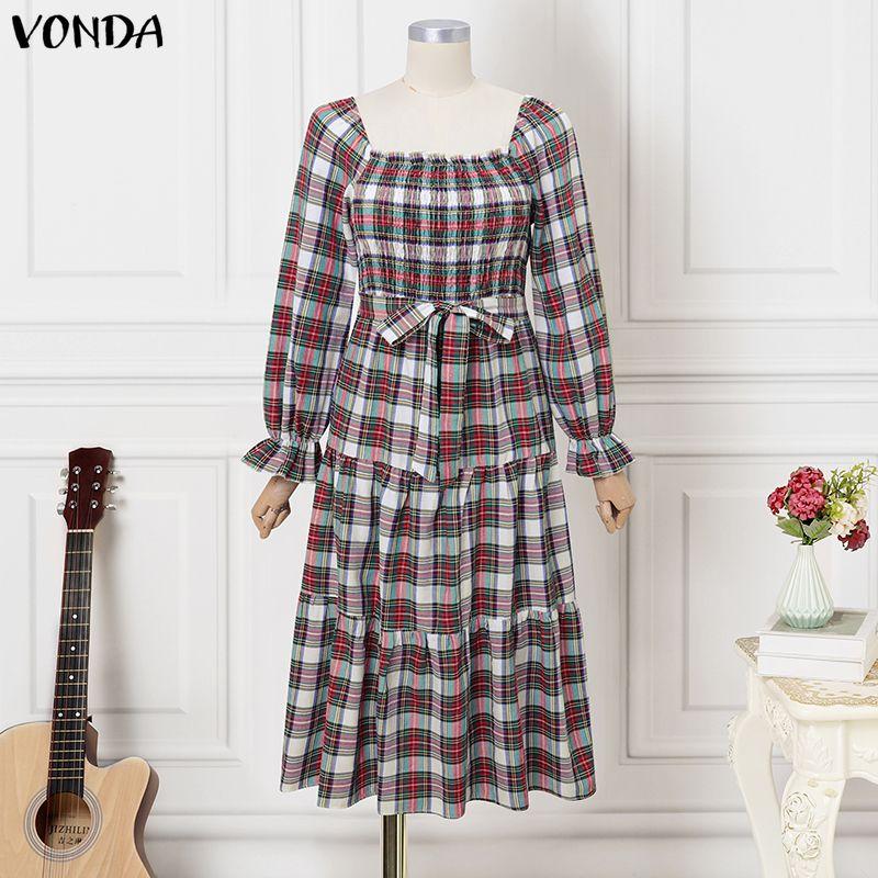 VONDA Rochie Midi Eleganta Retro pentru Femei cu Guler Pătrat, Mâneci Lungi Bufante, Curea, Imprimeu Carouri Vintage