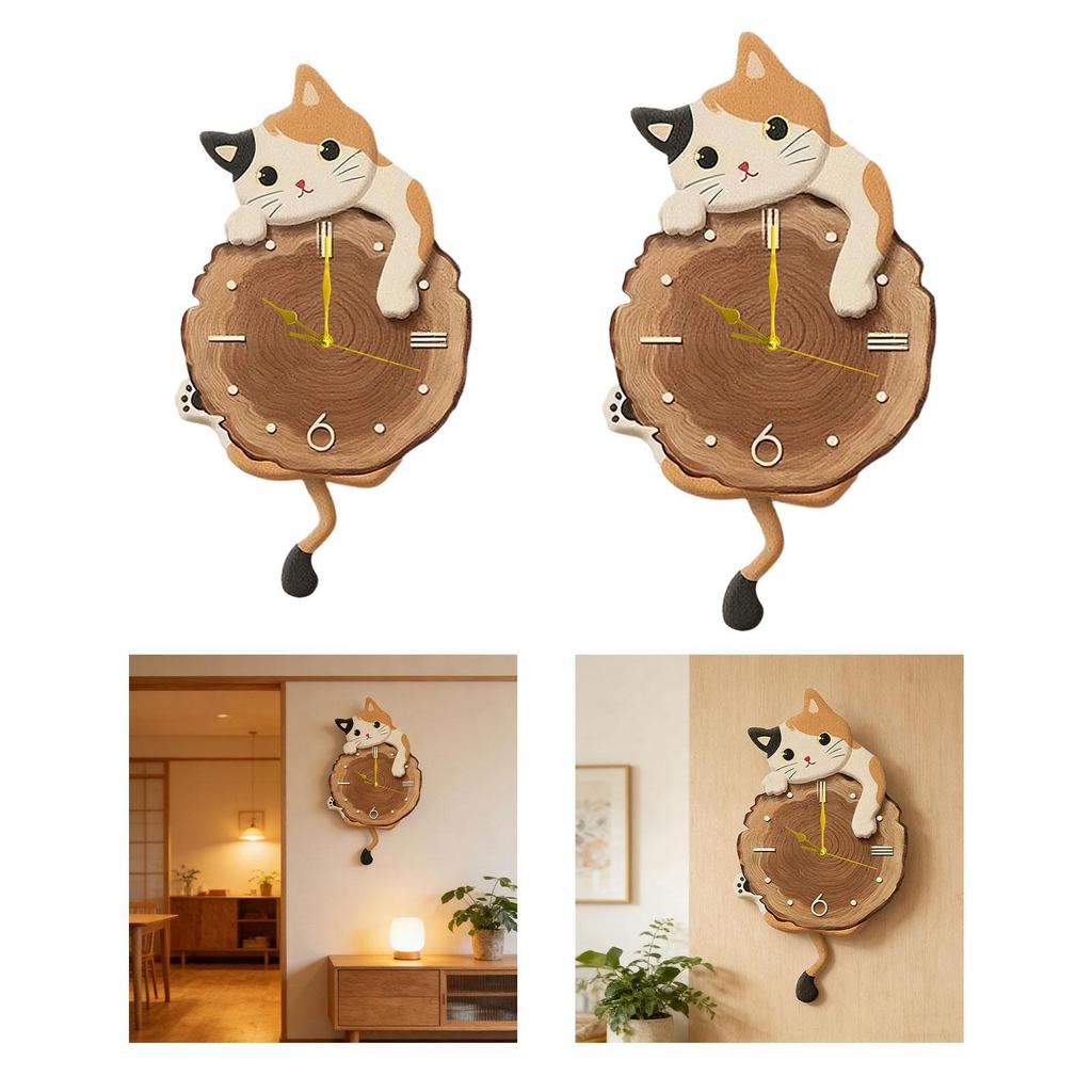 Cat Wall Clock Swinging Tail Pendulum Home Quiet Movement Hotel Analog