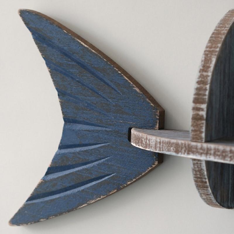 Farmhouses Blue Wood Fish Wall Art Hanging Shelf With Antique Finish For Lake House Study Bathroom Storage Organizers