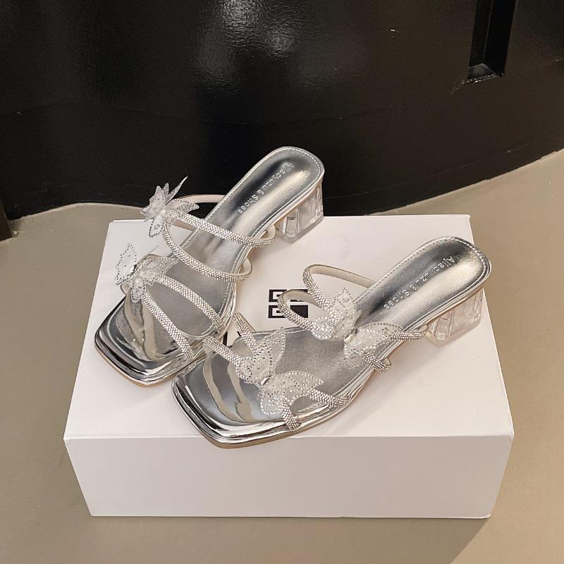 Rhinestone sandals women's summer wear fashion high-end bow crystal medium heel thick heel with skirt cool slippers