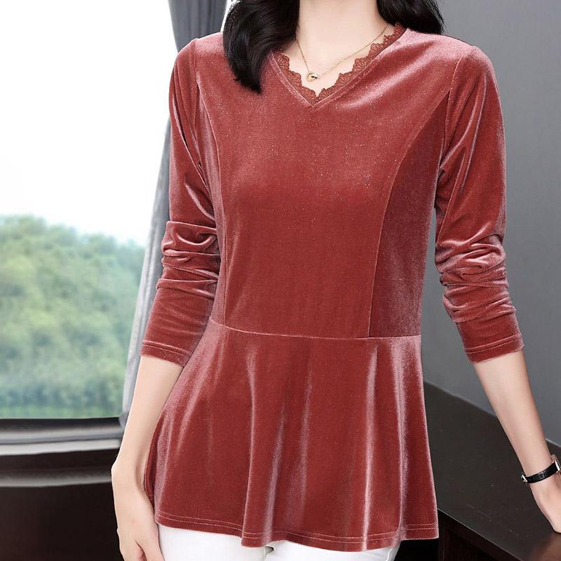 Tops Women's Autumn and Winter Warm Comfortable V-Neck Shirt Long Sleeve T-shirt Loose Casual Pullover Top