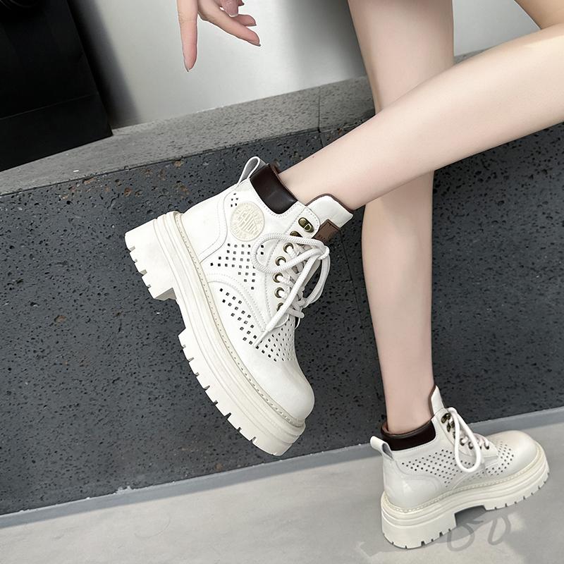 Summer Hollow Breathable Cool Boots Women's Genuine Leather Perforated Martin Boots with Increased Height Inside Casual Short Boots