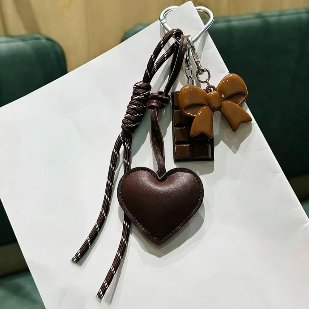 Acrylic Chocolate Ornament Heart Leather Keychain Bag Braided Cord Bow Design Backpack Pendant Tassel Love Heart Lanyard