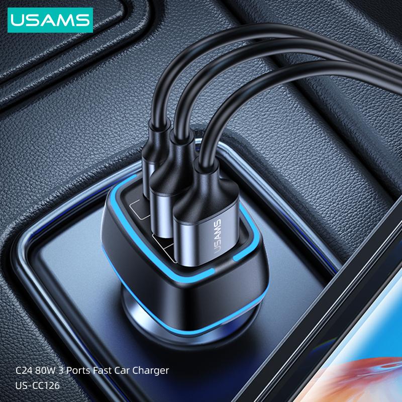 USAMS 80W 3 USB Ports Fast Car Charger PD QC 3.0 AFC FCP Phone Charger For iPhone Xiaomi Huawei Samsung Phone Tablet