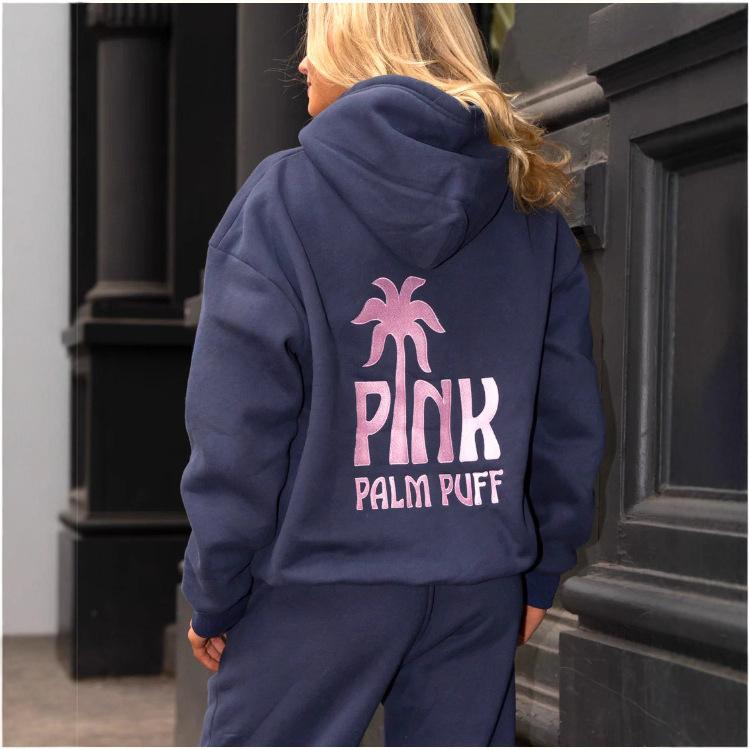 Women's Hooded Long Sleeve Drop Shoulder Pullover Sweatshirt Palm Tree "PINK PALM PUFF" Back Letter Print Casual Hoodie