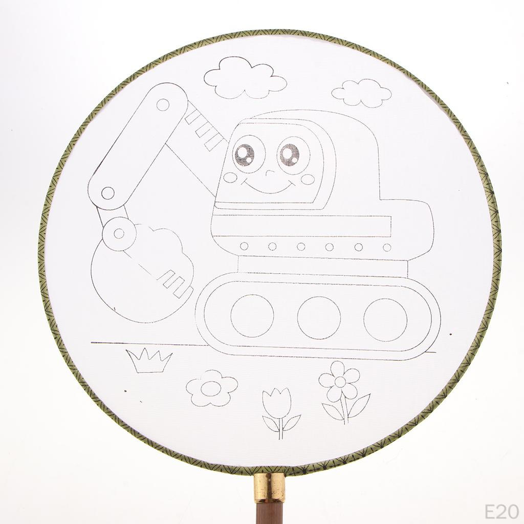 1 piece Ancient Handheld Fan Round Paddle Mandarin Handle with Fabric, Blank Patterns