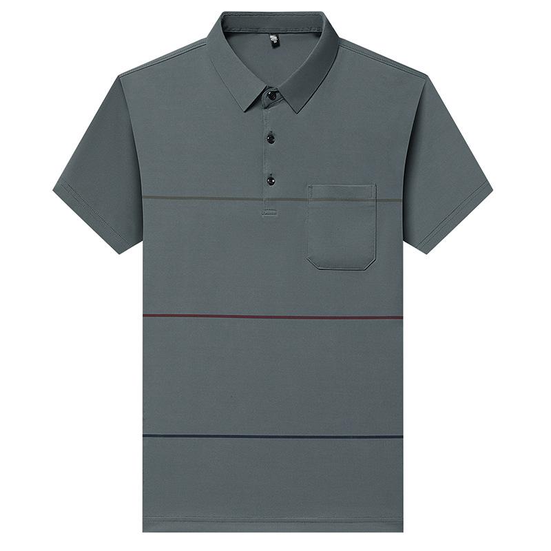 Real Pocket Striped Men'S High-End Short Sleeve Lapel Business T-Shirt Medium And Green Casual Polo Shirt Breathable