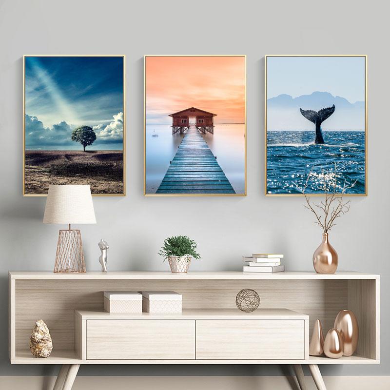 Scandinavian Minimalist Landscape Wall Art Blue Whale Tail Sea Canvas Oil Painting Poster Prints Home Bedroom Living Room Decoration
