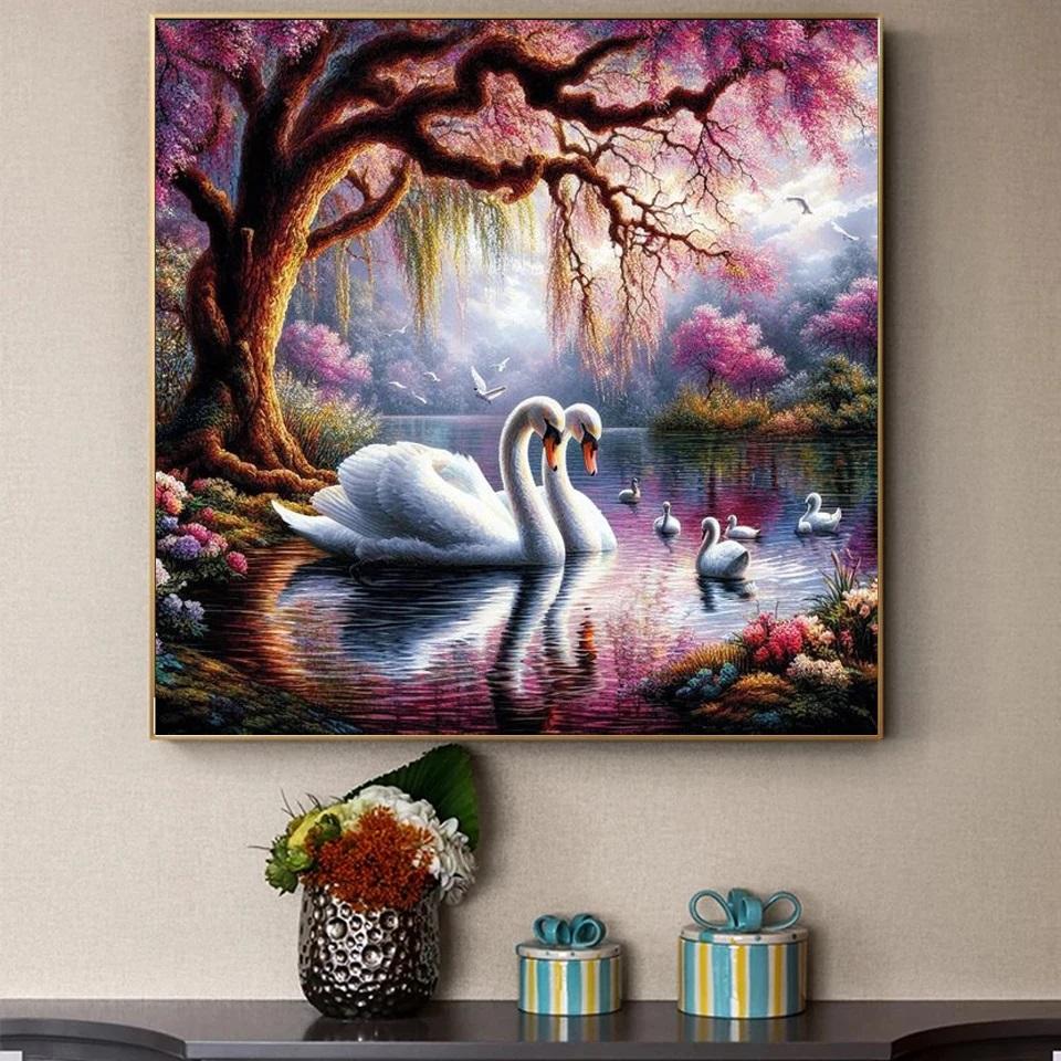 DIY Diamond Painting New 2024 White Swan Lover Full Square Round Diamond Mosaic Embroidery Animal Art Stitch Home Decoration Craft Kit Gift