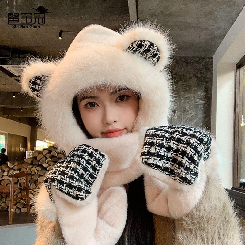 Cute bear hat, scarf and gloves integrated winter outdoor velvet women's thermal ear protection pullover hat