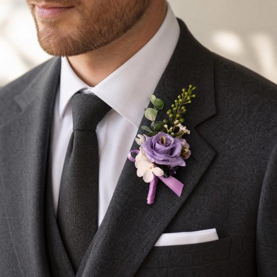 Yousheng Purple Wedding Boutonniere, Artificial Silk Flower Lapel Pin for Groom Bride Parents, Romantic Wrist Corsage for Bridal