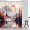 Japanese Style Shower Curtain Town Architecture Arch Bridge Pink Cherry Blossom Sunset Mountain Landscape Bathroom Curtain Decor