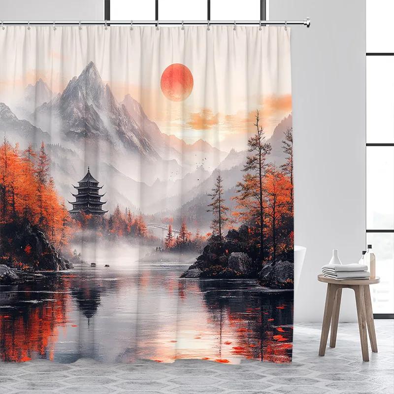 Japanese Style Shower Curtain Town Architecture Arch Bridge Pink Cherry Blossom Sunset Mountain Landscape Bathroom Curtain Decor
