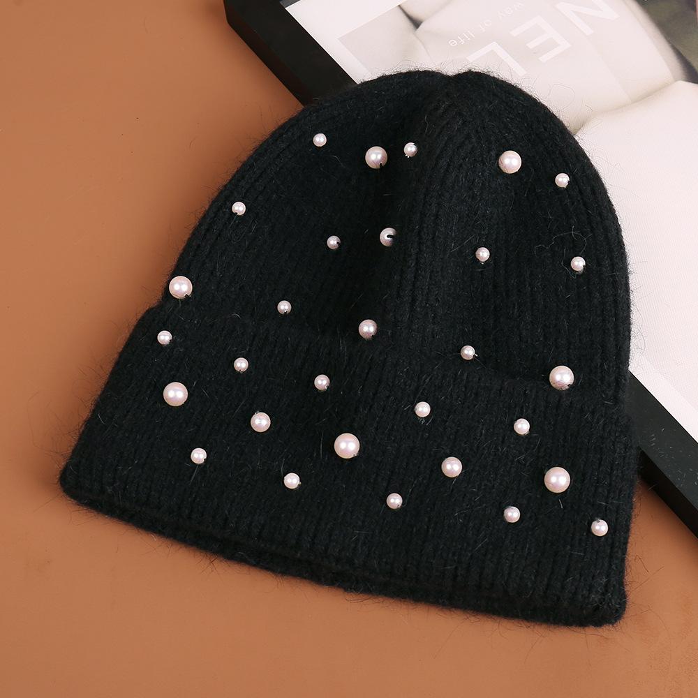 New fashionable solid color simple warm and comfortable knitted hat nail pearl decoration rabbit hair blend elegant wool hat