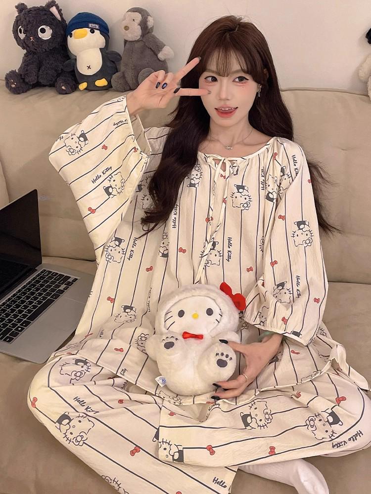 Women's Sweet Pure Cotton Pajama Set - Round Neck, Long Sleeve, Long Pants, Comfortable Home Wear for Spring & Autumn