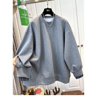 Estilo Camiseta Listrada Falsa de Duas Peças Contrastantes com Moletom de Gola Redonda para Mulheres Inverno Top Casual Solto