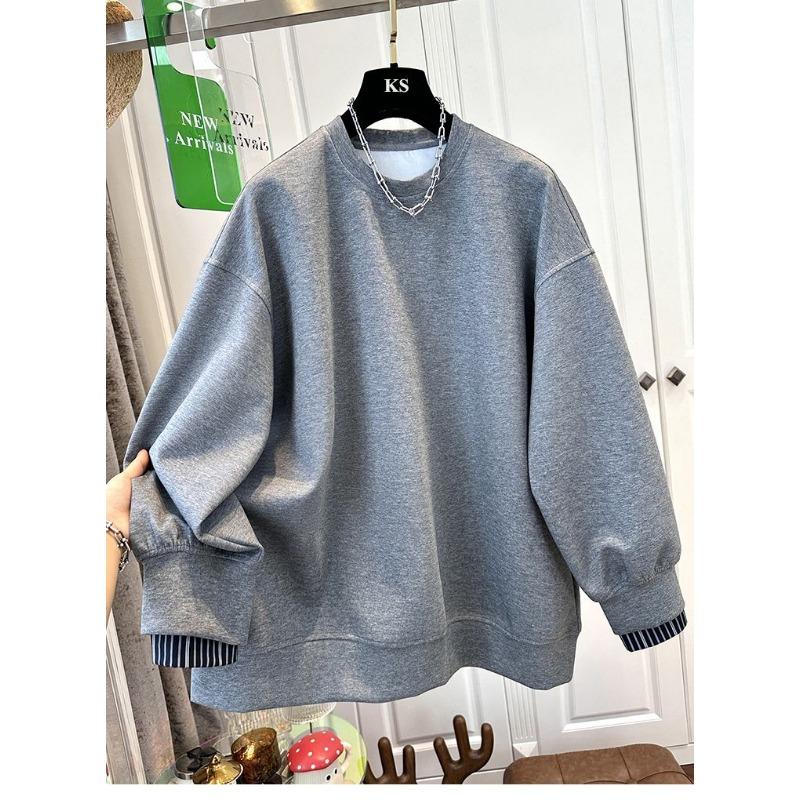 Style Contrasting Fake Two-piece Striped Shirt with Round Neck Sweatshirt for Women Winter Loose Casual Top