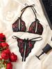 Seductive Red Lip Black Halter Front-Closure Bra & Thong Sets Summer Women Underwear Cute Erotic Sexy Lingerie Suit 2-Piece Set