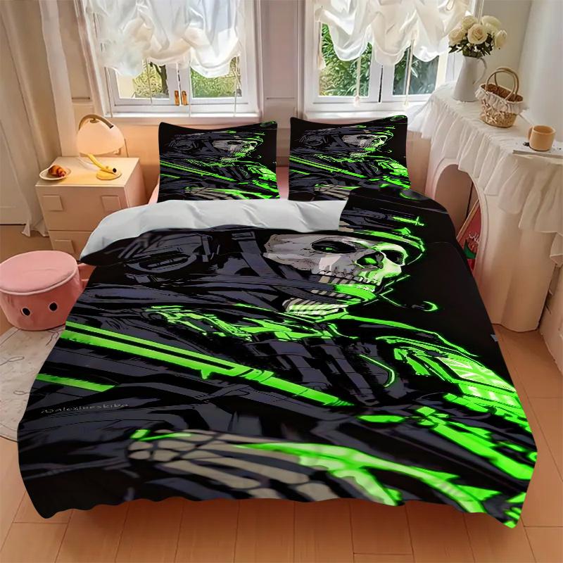 3pcs Neon Green Skull Military Uniform Home Bedding Set-Universal Three-Piece Suit for Bedroom, Guest Room, Living Room, Hotel-Perfect Gift