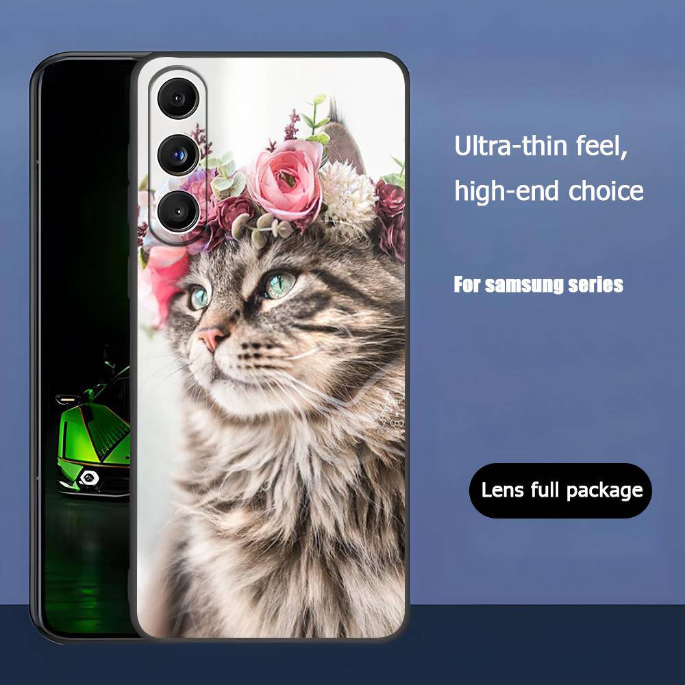Animal Head Wearing Flowers For Samsung Galaxy S23 S24 S25 Ultra S22 Plus S21 Black Soft Case Waterproof Soft Case