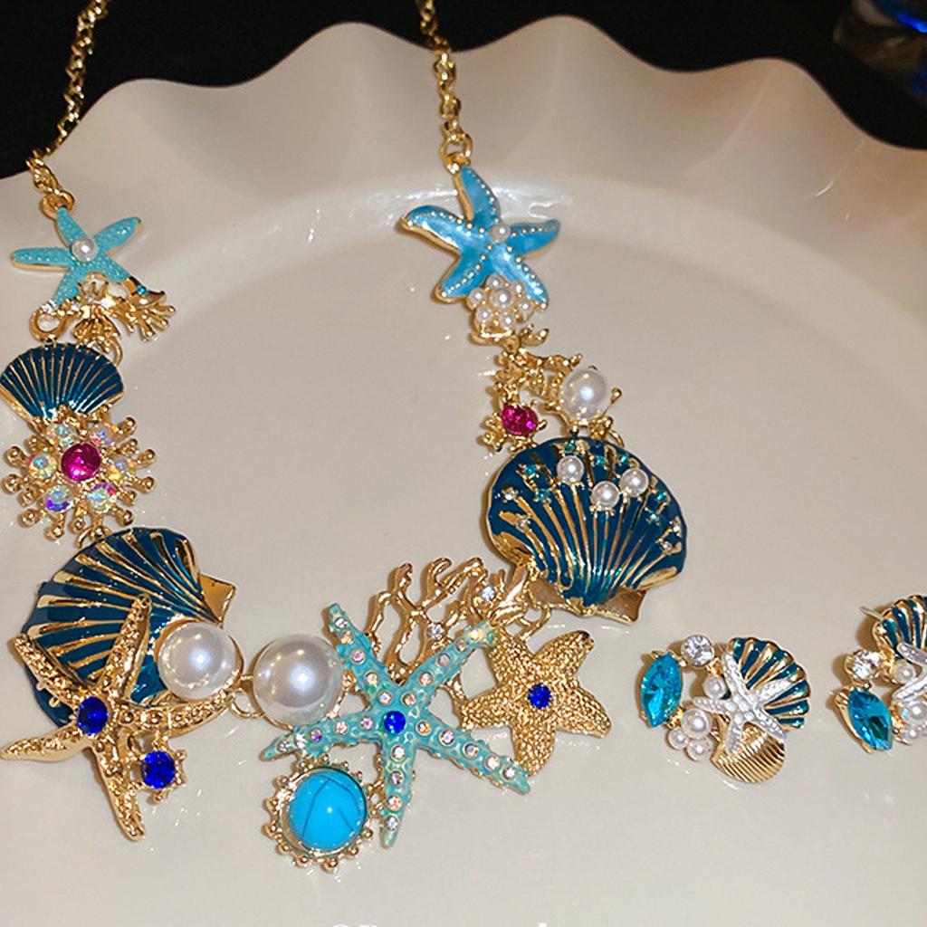 Necklace Earrings Set Featuring Starfish Shell Coral Designs With Alloy Rhinestones and Imitation Pearls for Women