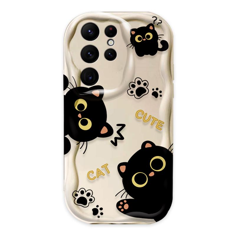 Cartoon Big Eyes Black Cat Case for Samsung Galaxy S25 S24 Ultra S23 S22 S21 S20 Plus FE A56 A36 A26 A17 A07 Soft Silicone Etui