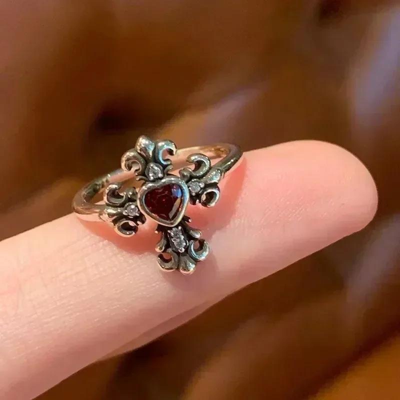 

Red Crystal Cross Open Rings For Women Punk Geometry Square heart Rings Creative Vintage Gothic Zircon Accessories Gift