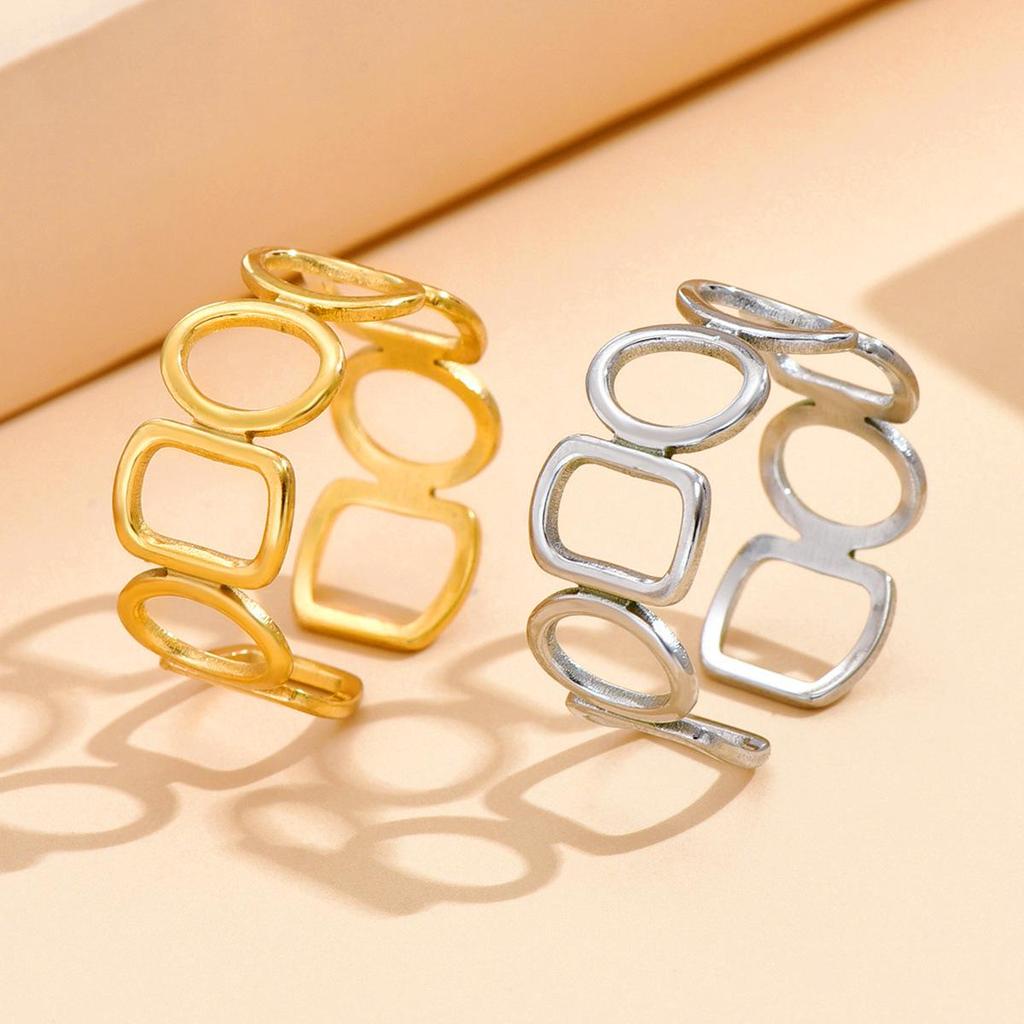Retro Stainless Steel Geometric Open Ring with Hollow Rectangle Oval Design