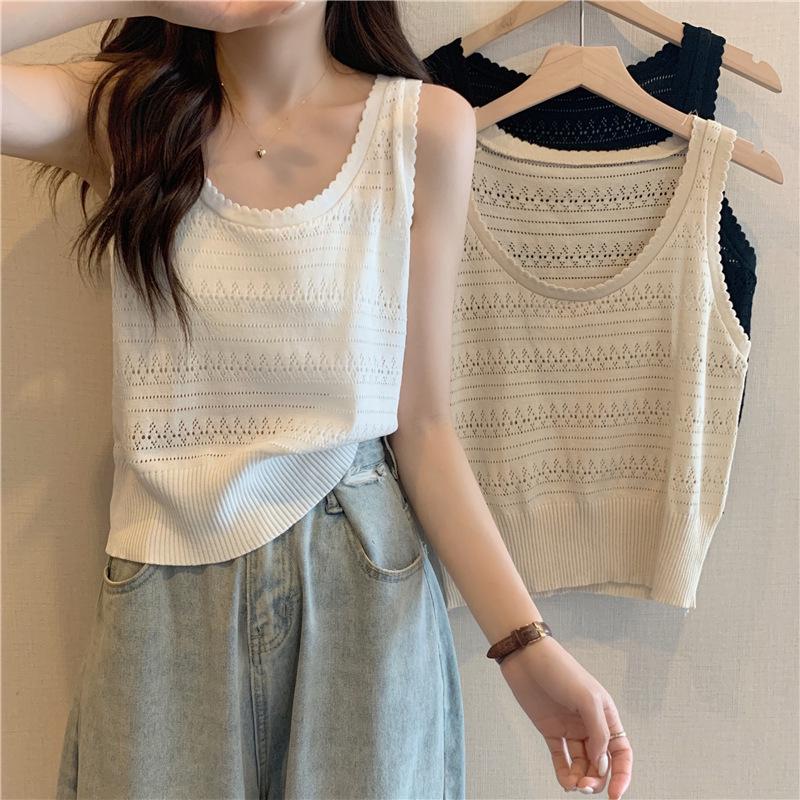 

Women s Sleeveless Cutout Knit Vest with Round Neck One Size абрикосовый