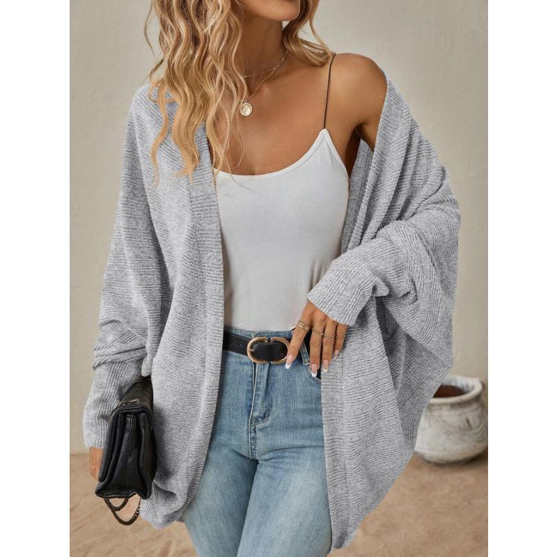 Women Open Front Ribbed Knit Cardigan Solid Blue Loose Batwing Long Sleeve Casual Outerwear Coat