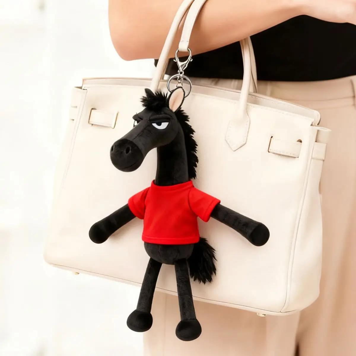 Schwarzes Pferd Schlüsselanhänger Plüschtier Rucksack Anhänger Dekoration Jahr des Pferdes Plüschtier Neujahr Hochwertige Geschenke für black