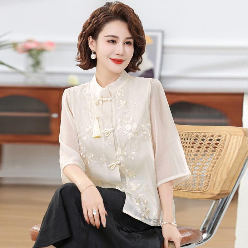 Mom's Summer Embroidered Tassel Stand Collar Chiffon Blouse for Middle-Aged Women