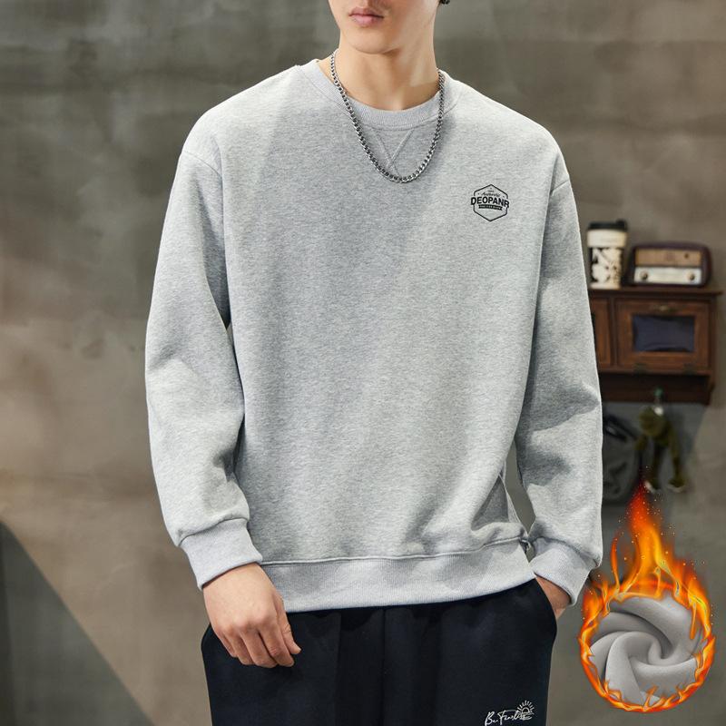 Crew Neck Sweater Men'S Velvet Winter Thickened Thermal Pullover American Simple Light Ripe Trendy Top