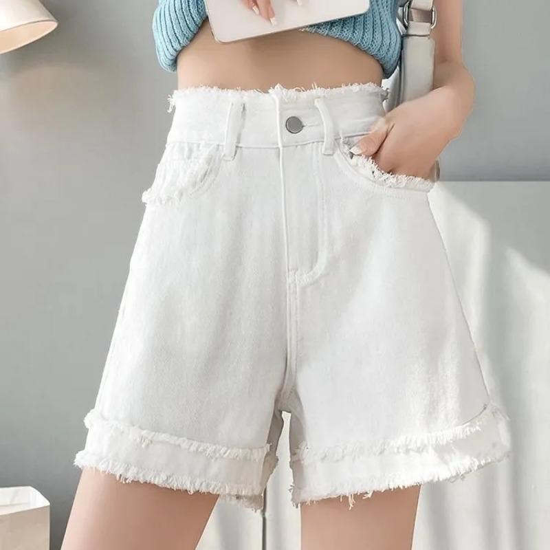 

White Denim Shorts for Women Plus Size Summer A-line High-waisted Loose Slim Short Raw Edge Wide-legged Five-point Pants S белый
