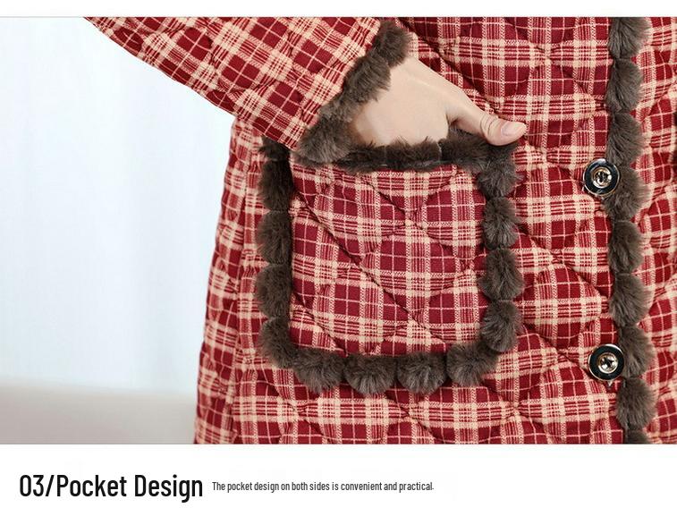 Women's Mid-Length Plaid Cotton Jacket - Maternity & Plus Velvet for Autumn/Winter Warmth, Over-the-Knee Style for Middle-Aged & Elderly