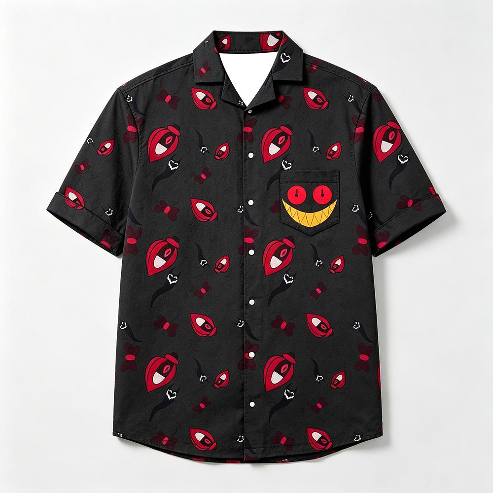 Alastor Button Up Shirt Anime Hazbin Hotel Hawaiian Shirt Men Women 3D All‑Over Print Short Sleeve 3D All Over Print Merch Tops