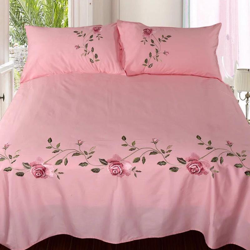 WOSTAR Rose Flora Embroidery Design Flat Bed Sheet Solid Colour Cotton Twill Linen Bedding Luxury Home Textiles Queen King Size